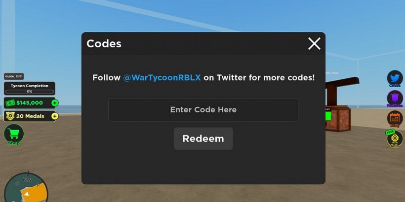 Screenshot of a window where you can enter redeem codes in War Tycoon