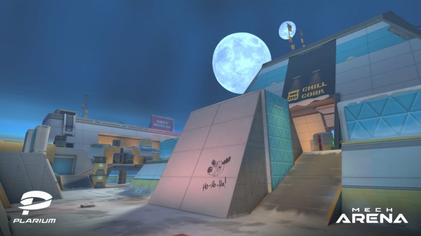 One of Mech Arena's new maps, complete with reindeer graffiti for the Christmas period