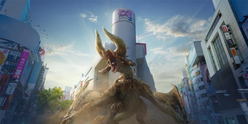 Huge winged monster standing in front of a skyscraper