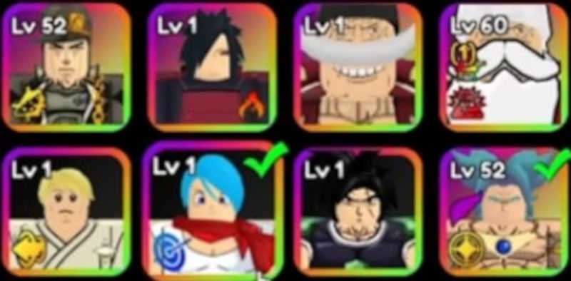 A grid-like layout with various heroes from the Roblox experience Anime Crossover Defense.