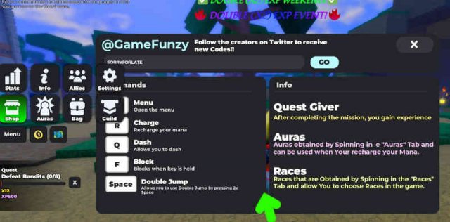 Image from the Roblox experience Grimoires Era that it shows the game's menu tab.