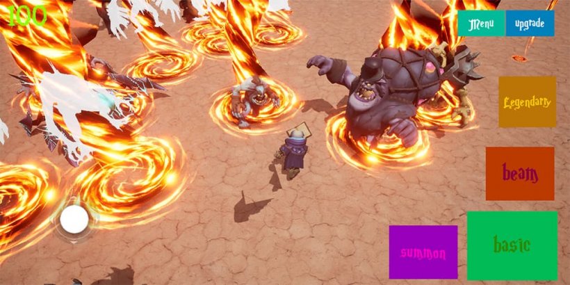 The wizard summoning fiery tornadoes to attack monsters