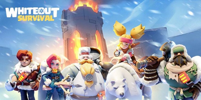 Characters in the blizzard with a tower burning behind them